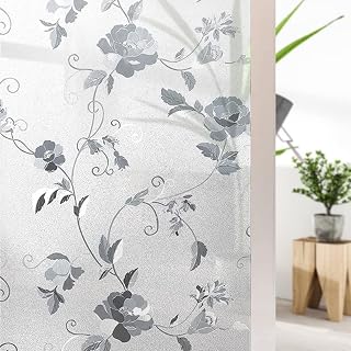 Shackcom Fensterfolie Selbsthaftend 90x200cm Fensterfolie Blickdicht Sichtschutzfolie Statisch Haftend Anti-UV Dekorfolie mit Peony Flower Muster für Wohnzimmer Schlafzimmer-J028