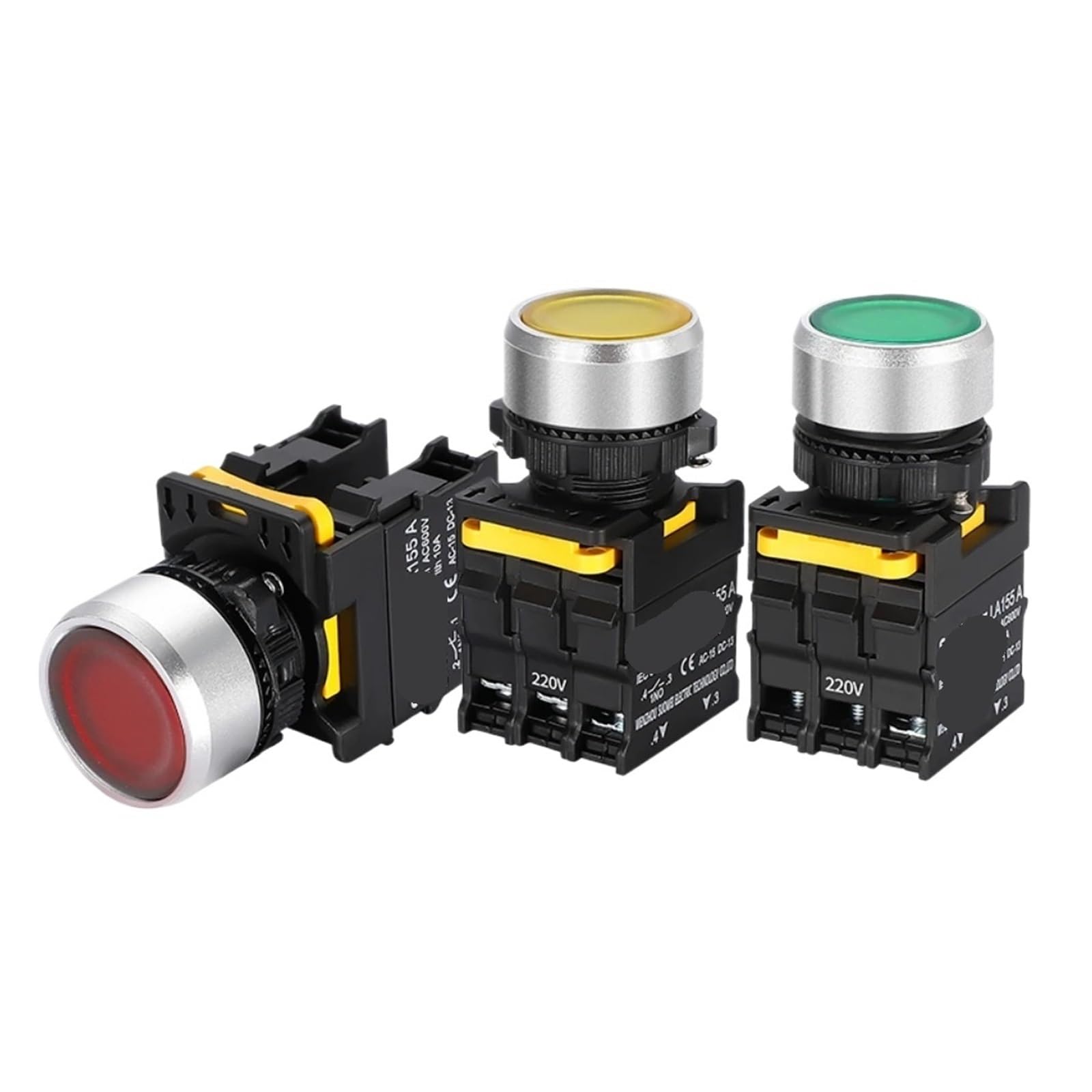 Interruptor pulsador con LED 22mm Interruptor de alimentación fijo impermeable con luz 380V, 12V, 24V, 110V, 220V 10A 1NO(Yellow,1NO_FIXED_24V)