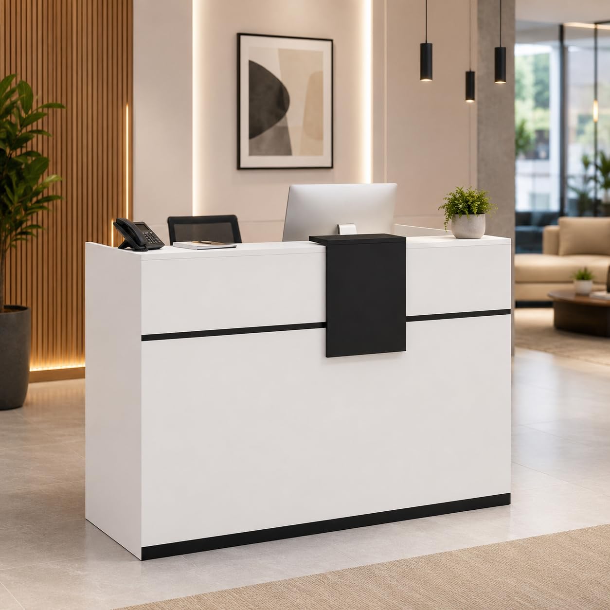 Mostradores de recepción, mostradores de recepción, mostrador de recepción con estante extraíble, mostrador de recepción, mostrador de recepción con placas decorativas negras, muebles de