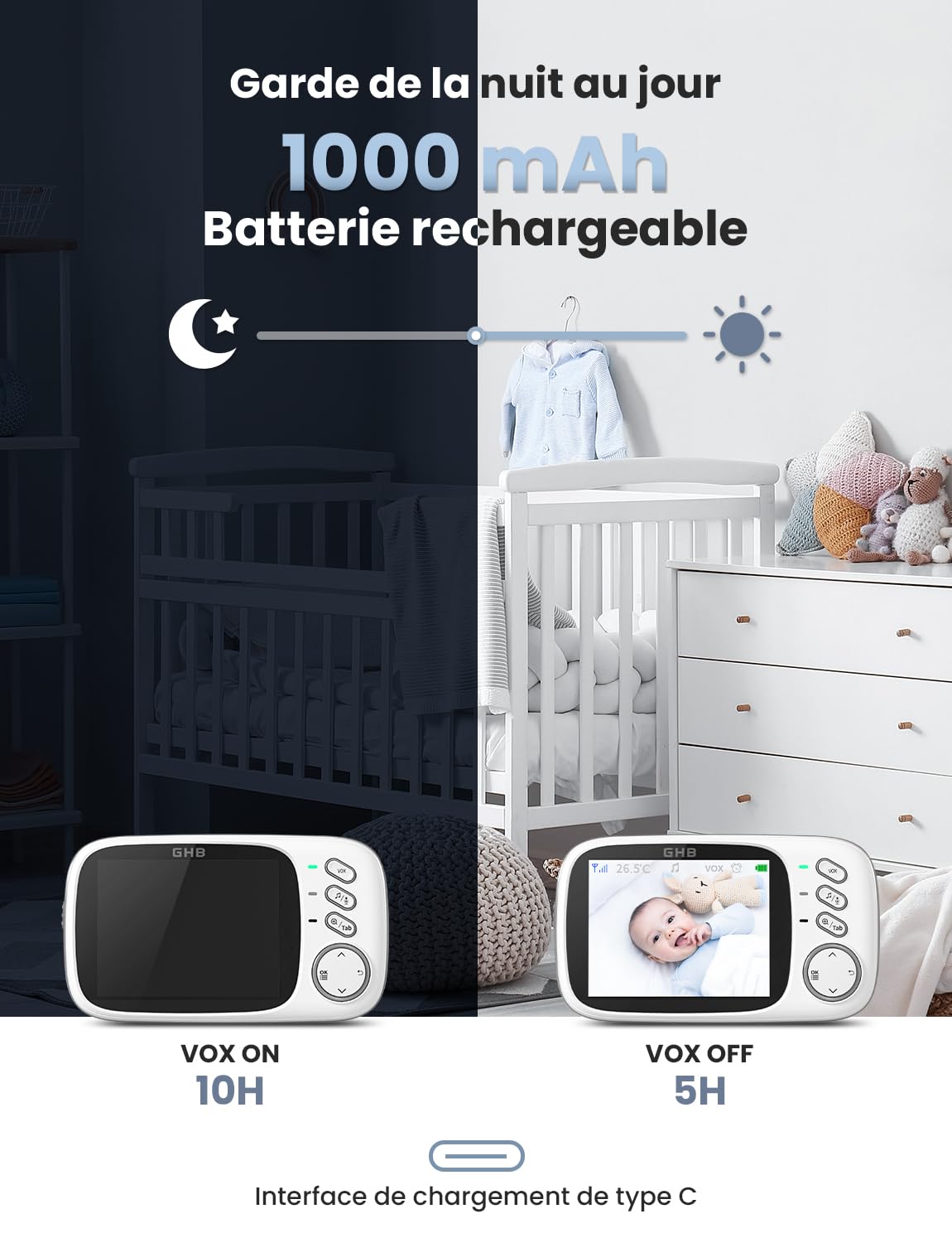 GHB Babyphone Caméra 3.2 inches Bébé Moniteur Babyphone Vidéo LCD Couleur Bébé Surveillance 2.4 GHz Communication Bidirectionnelle Vision Nocturne
