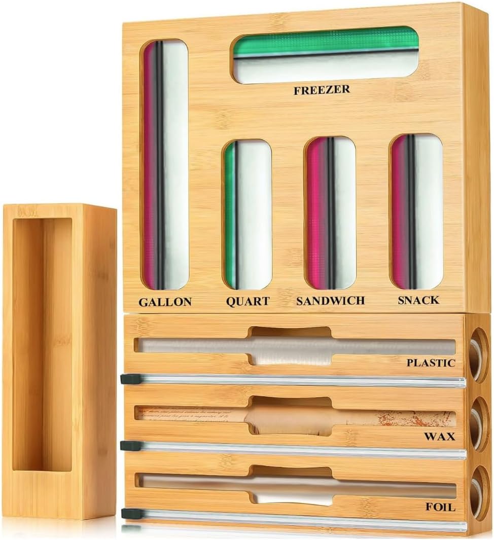 9 in 1 Storage Bag Organizer for Kitchen Drawer, Bamboo Foil and Plastic Wrap with Cutter, Ziplock Bag Organizer for Quart, Gallon, Sandwich & Snack Bags - Aluminum Foil Organizer