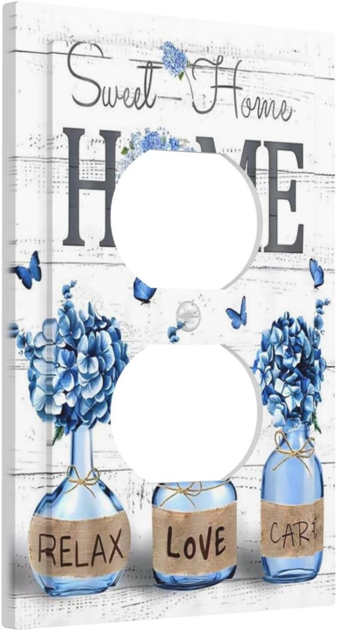 Blue Hydrangea Home Sweet Floral 1 Gang Receptacle Duplex Outlet Cover Neutral Decorative Wall Plate Flower Daisy Inspirational Mid Size Electrical Dual Device Light Plug Socket Switch Faceplate Cover