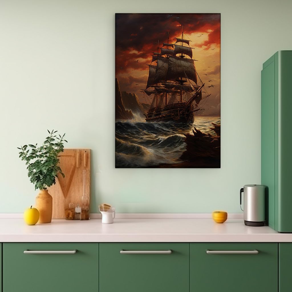 Canvas for Living room. Sailing Through Fury: The Vivid Tale of a Ship Against the Storm, 27 x 18 inch Canvas Wall Art - Ready to Hang