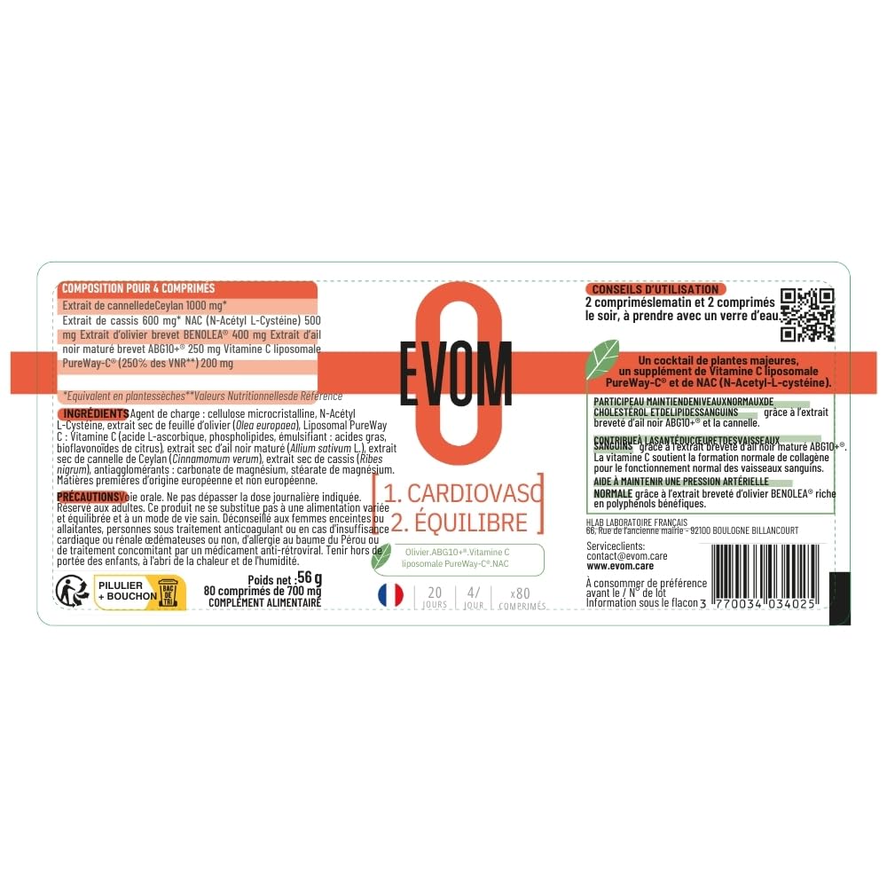 EVOM CardioVasc Équilibre - Complément alimentaire coeur, cholestérol et tension - Ail Noir ABG10+®, Olivier BENOLEA®, Vitamine C liposomale, Cannelle, Cassis, NAC - 80 comprimés - Complément Hommes