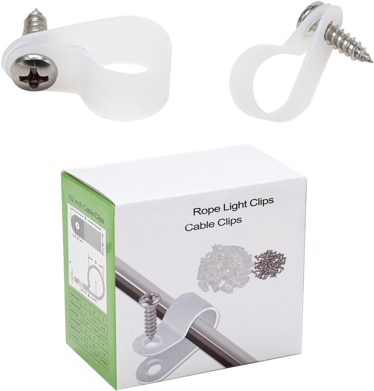100 Pack 1/2 inch Rope Light Clips P-Style Rope Light Mounting Clips with Stainless Steel Screws, Cable Clips Wire Clamp for Wire Management, Rope Light Clips for Outside String Lights