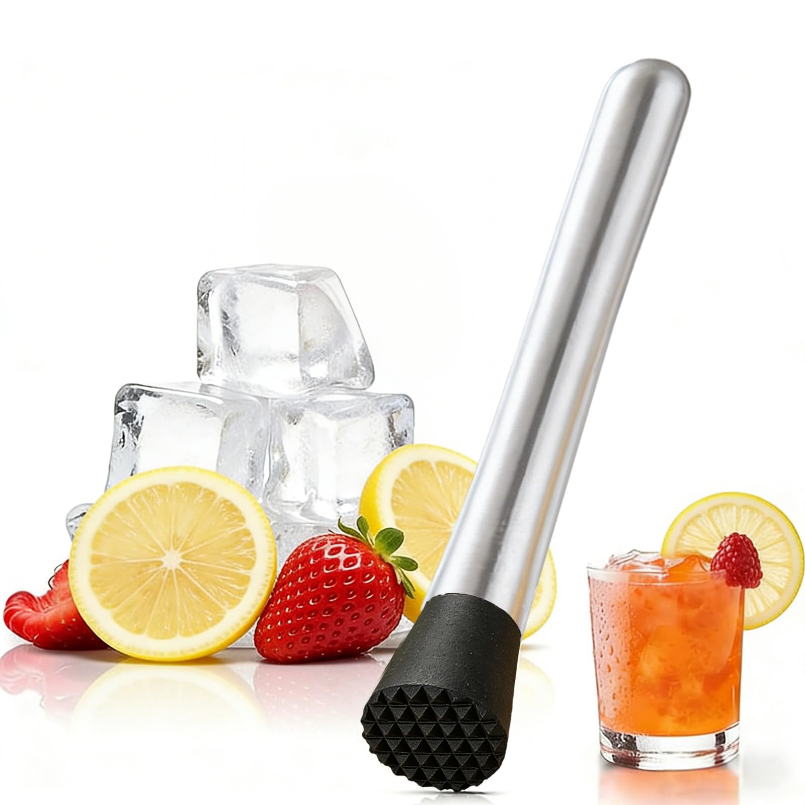 Professional Cocktail Muddler, Stainless Steel Muddler for Cocktails, Multifunctional Bar Tool for Mojito, Mint, Fruit and Ice Crushing, Durable Ergonomic Handle for Home Bar and Bartending (30cm)