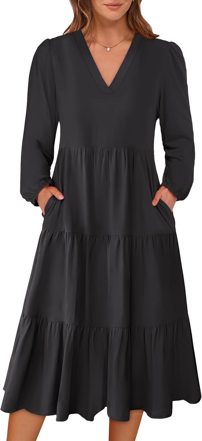 ANRABESS Women's Long Lantern Sleeve Floral Midi Dresses 2026 Spring V Neck Casual Flowy A-line Tiered Boho Vacation Dress