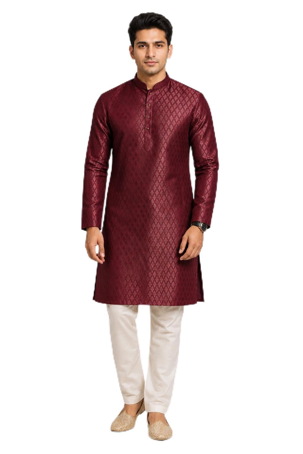 Men's Maroon Kurta with Mandarin Collar, 3/4 Sleeves-image-20