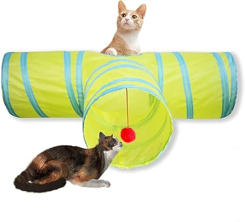 Vista 10 de Túnel para gatos, tubo plegable con 1 pelota de juego, 3 vías para gatos de interior, cachorros, gatitos, conejos Negro y azul