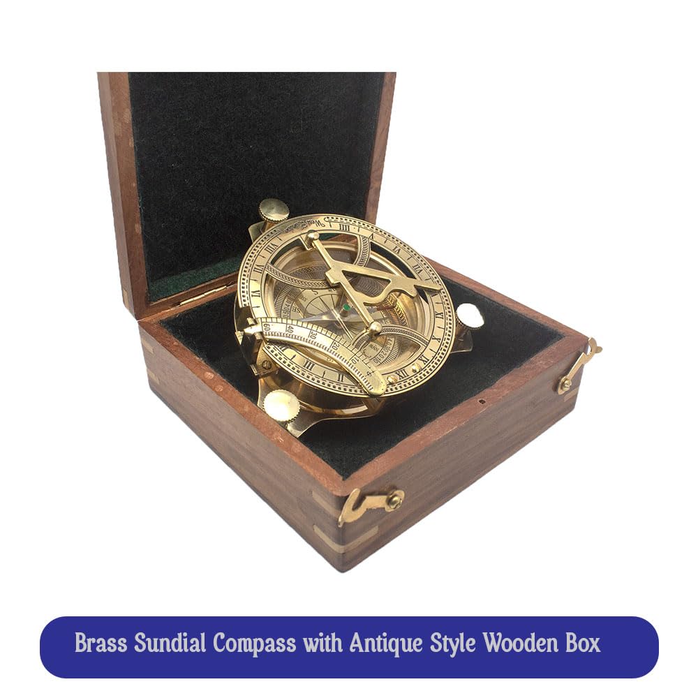 Bussola Sundial in ottone con scatola di legno, design antico, strumento nautico