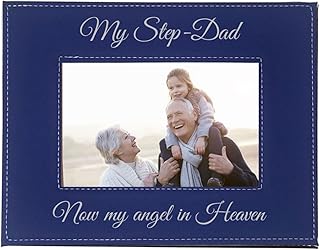 CustomGiftsNow My Step-Dad Now My Angel in Heaven Laser Engraved Faux Leather Blue Leatherette Wall Hanging/Tabletop Picture Group Family New First Time Seeing Grandchild Baby Photo Frame