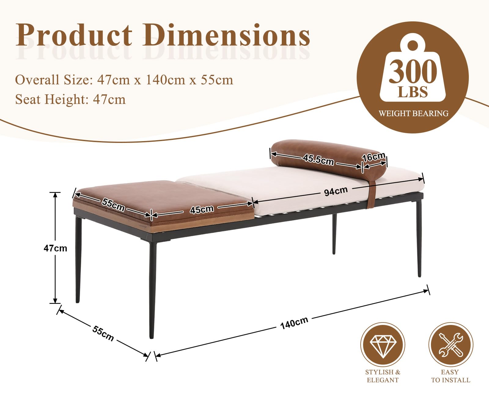 Ya-Home Panca Ingresso con Vassoio in Legno e Gambe in Metallo, Panca Camera da Letto in Pelle e Tessuto di Ciniglia 140x55x47 cm, Bianco