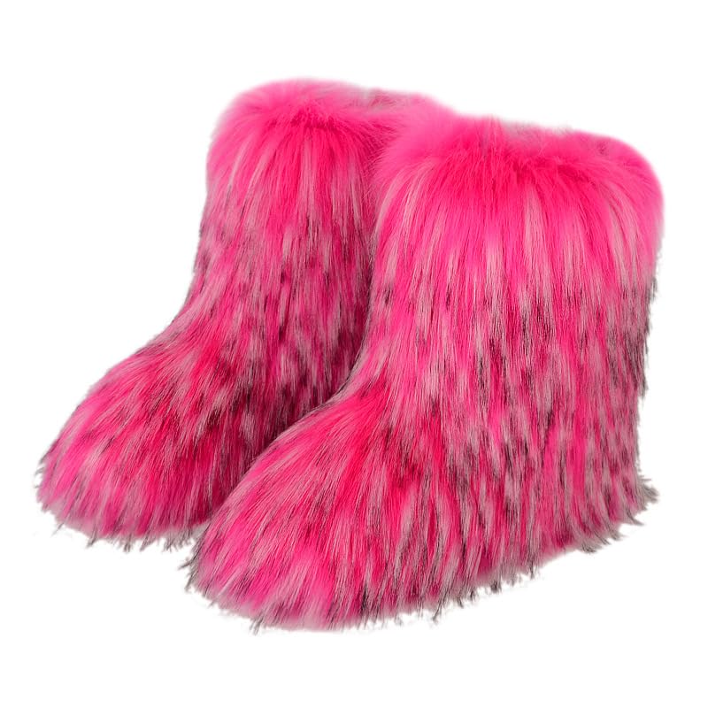 UOQAPRE Faux Fur Boots for Women Snow Boots Fuzzy Leg Warm Boots Furry Mid-Calf Boots Warm Comfortable Outdoor Flat Shoes