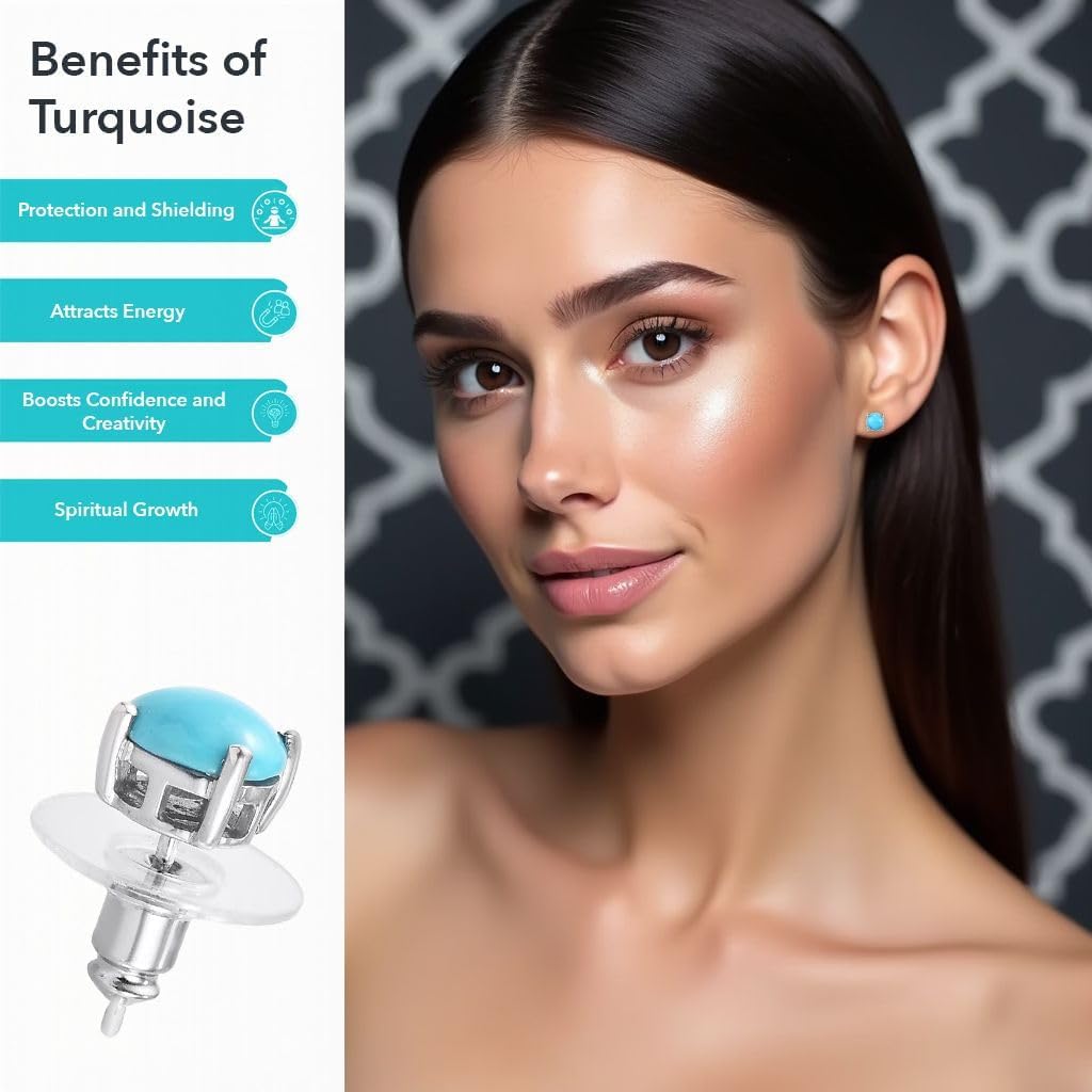 Blue Studs Turquoise Earrings for Women in 925 Sterling Silver with Platinum Plating - Beach Boho Western Earrings Turquoise Jewelry Birthday Christmas Gifts for Women - Image 4