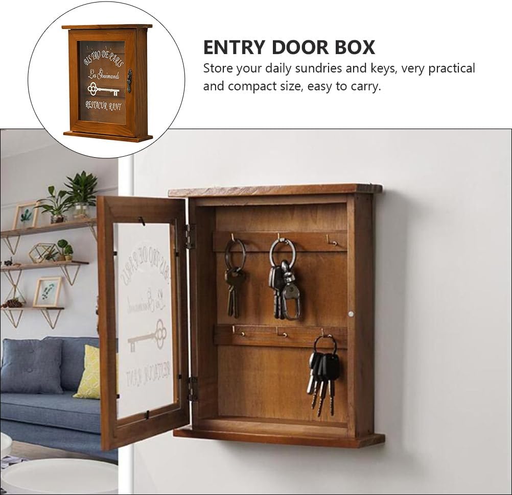 Veemoon Wooden Wall Mount Key Holder, Rustic Hanging Key Box Farmhouse Organizer Cabinet with 6 Hooks Entryway Hanger for Home Office Indoor Outdoor (Brown)