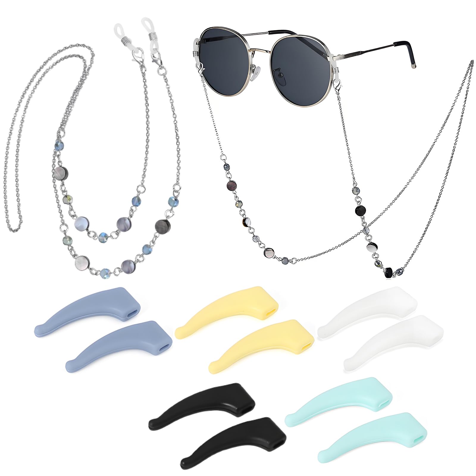 1 Pcs Specs Holder Strap, Spectacle Chain for Women, Specs Chain for Women Stylish Bring Shells and Crystal Beads, 10 Pcs Anti-Slip Glasses Ear Hooks Colorful Fixed Glasses Spectacle Holder-image-21