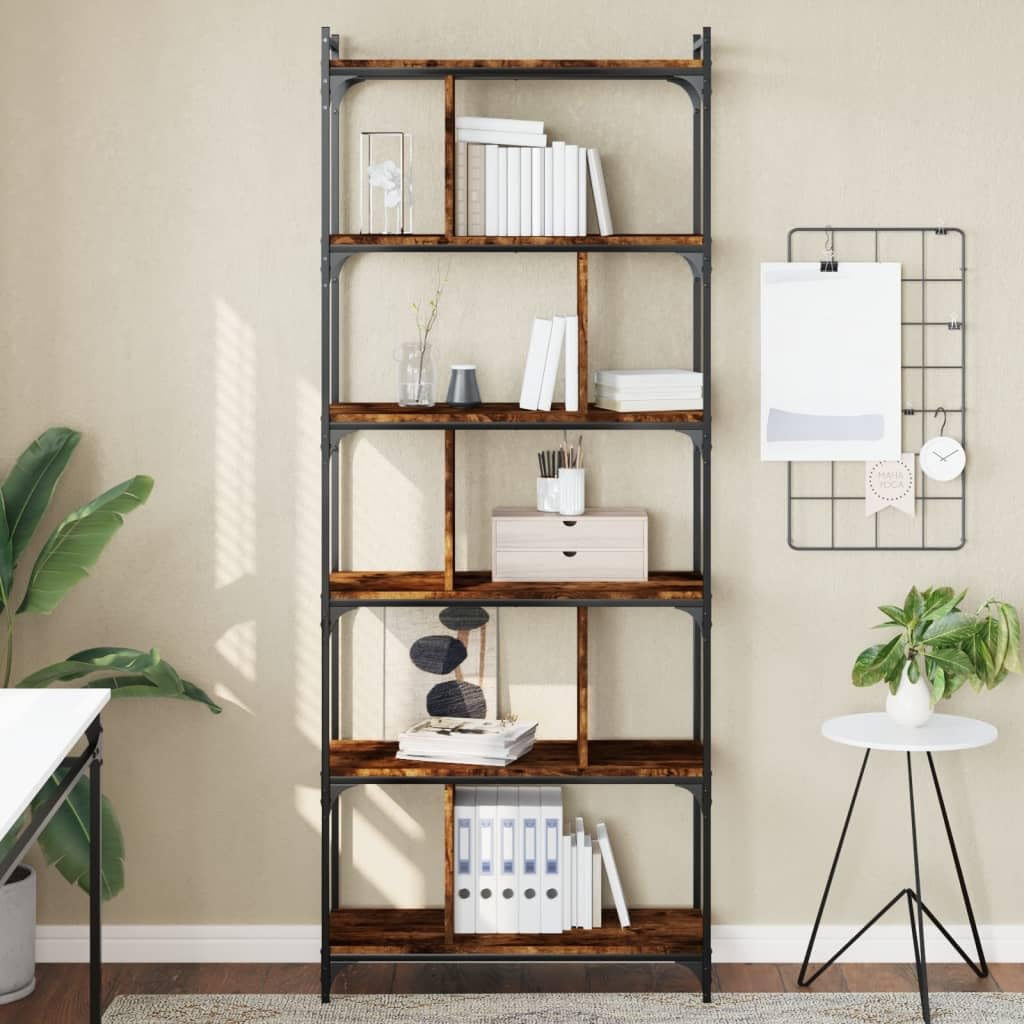 Générique Regał na książki z 6 poziomami wędzonego dębu 76 x 32 x 192 cm z metalową ramą, przestronną półką na książki i regulowanymi nogami do nierównej podłogi