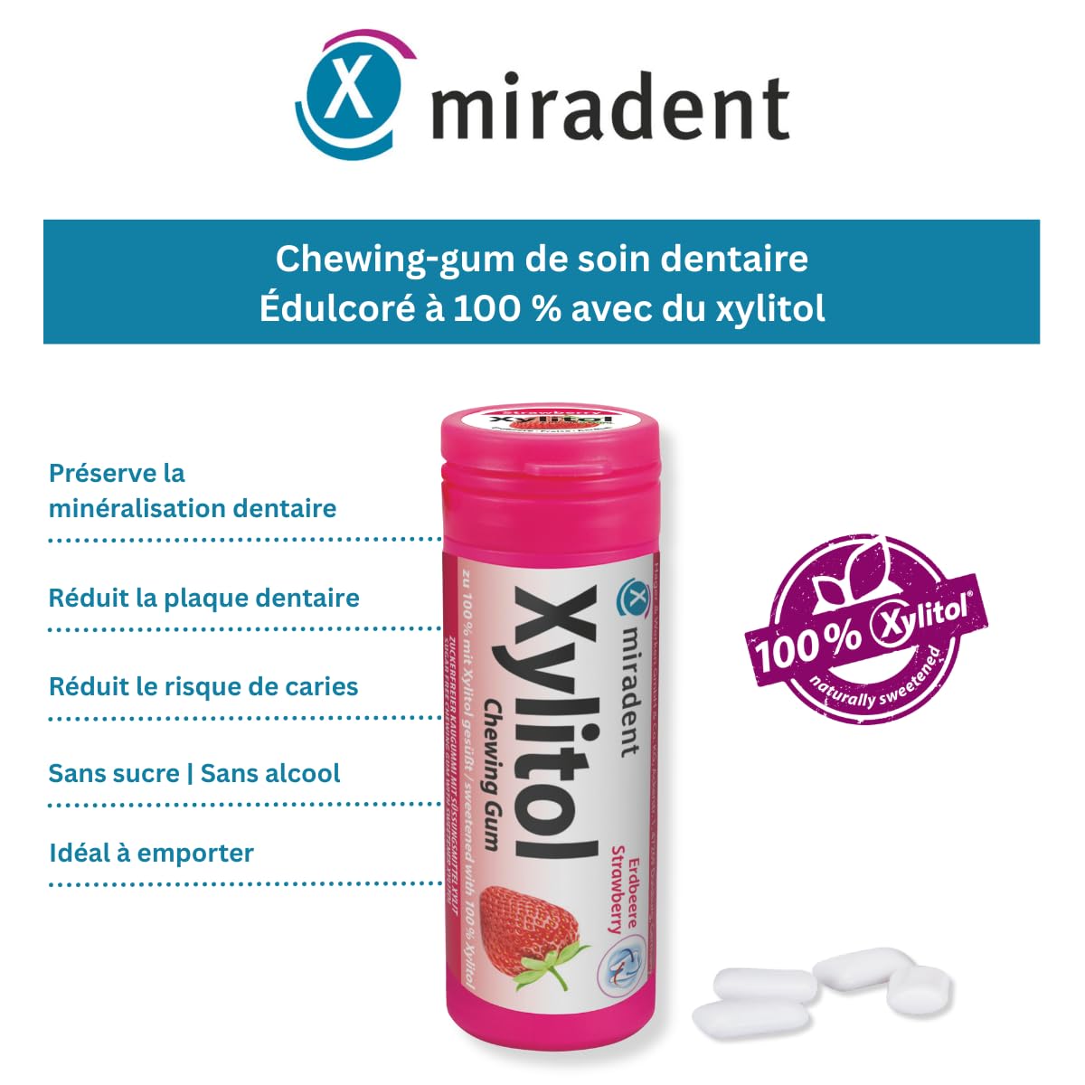 miradent Chewing-gum dentaire au xylitol Fraise | 12 pcs | goût fruité | sans sucre | vegan | prévient les caries | idéal à emporter