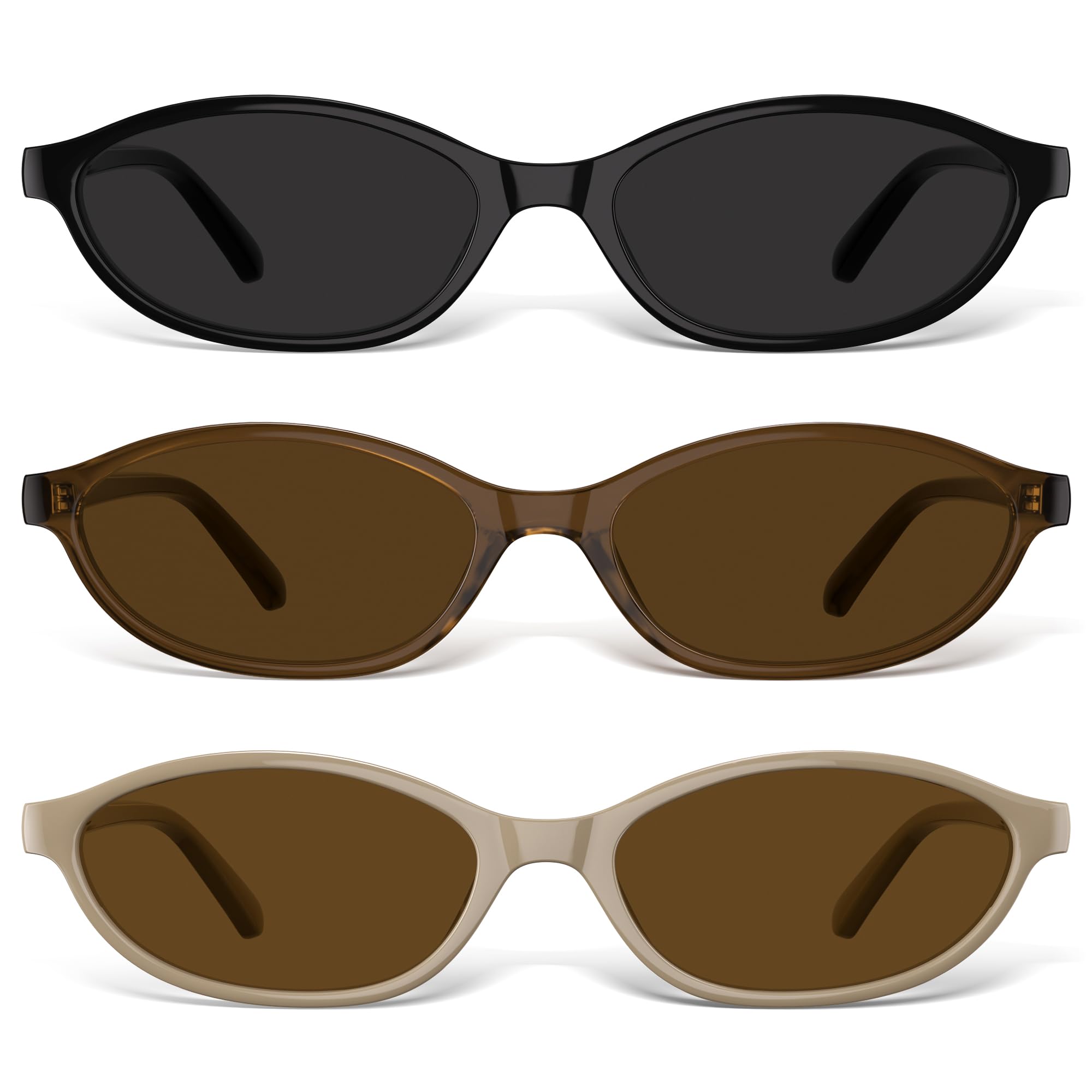 Womens Oval Sunglasses 90s Retro Cat Eye Glasses UV400 Shades Black+brown+khaki