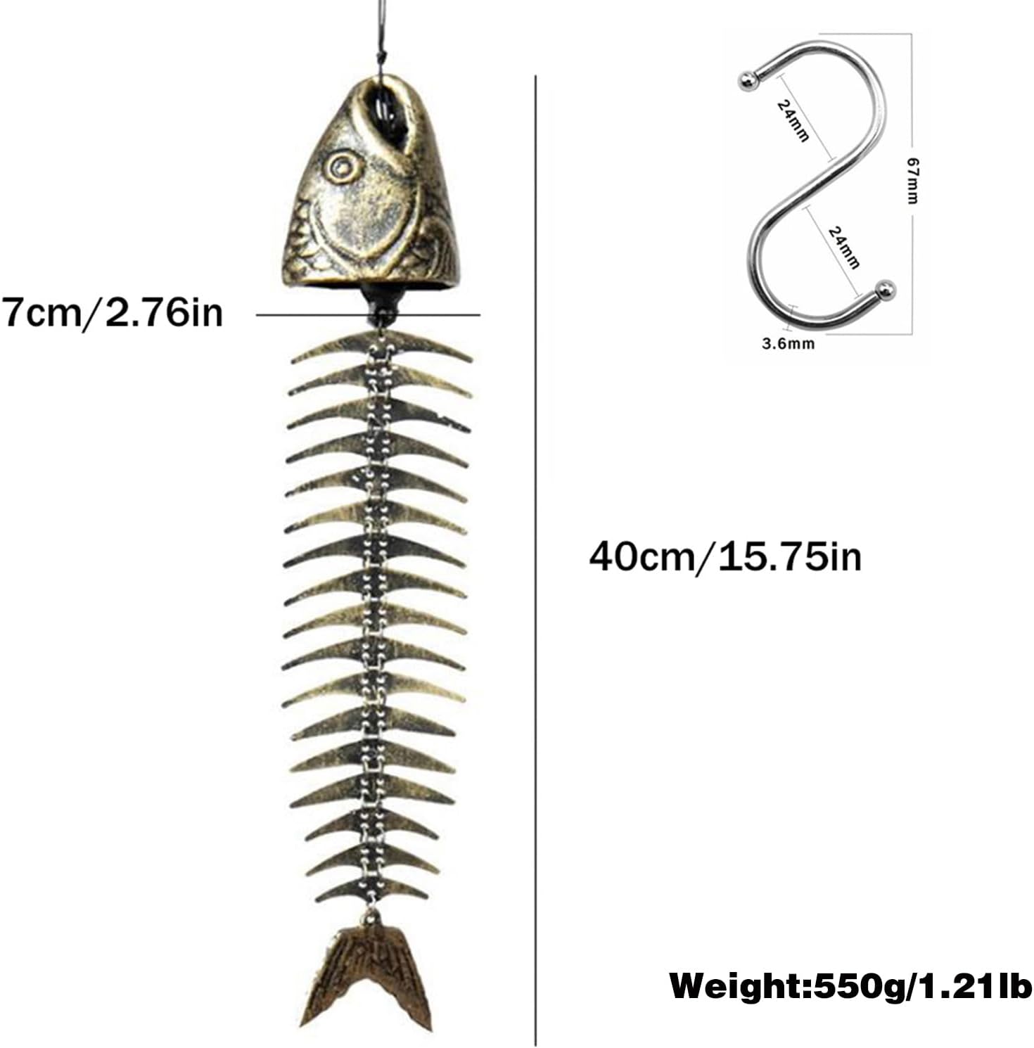 Fish Windchime Retro Fishbone Wind Chime Ornaments Vintage Metal Wind Bell Outdoor Soothing Melody for Garden Home Yard Porch Hanging Decor