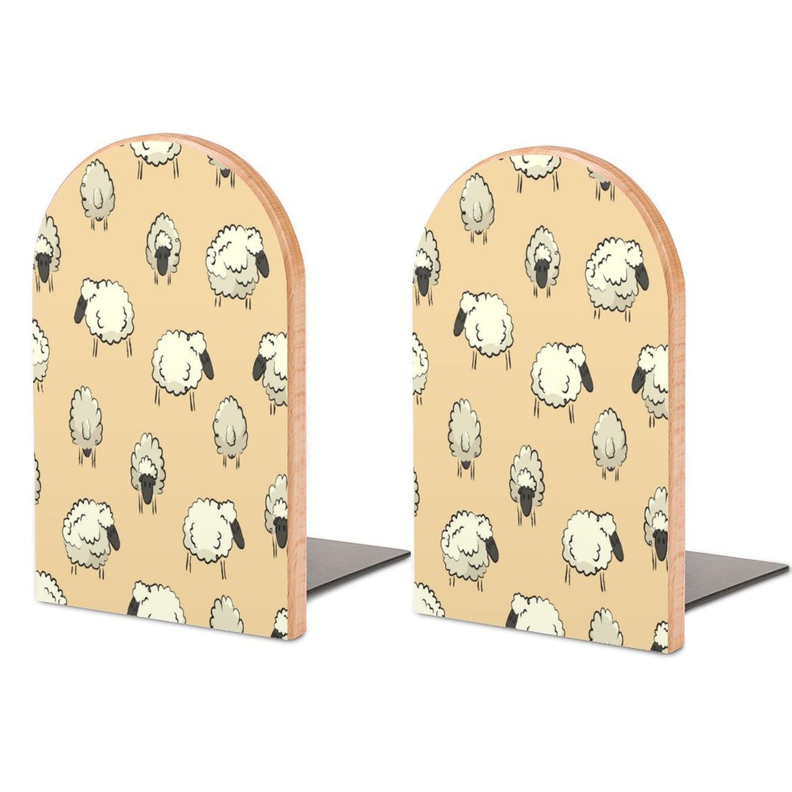 Seamless Stylized Colorful Sheep Beech Wood Bookends Heavy Duty Book Organizers Desktop File Holder for Office Home Bookshelf