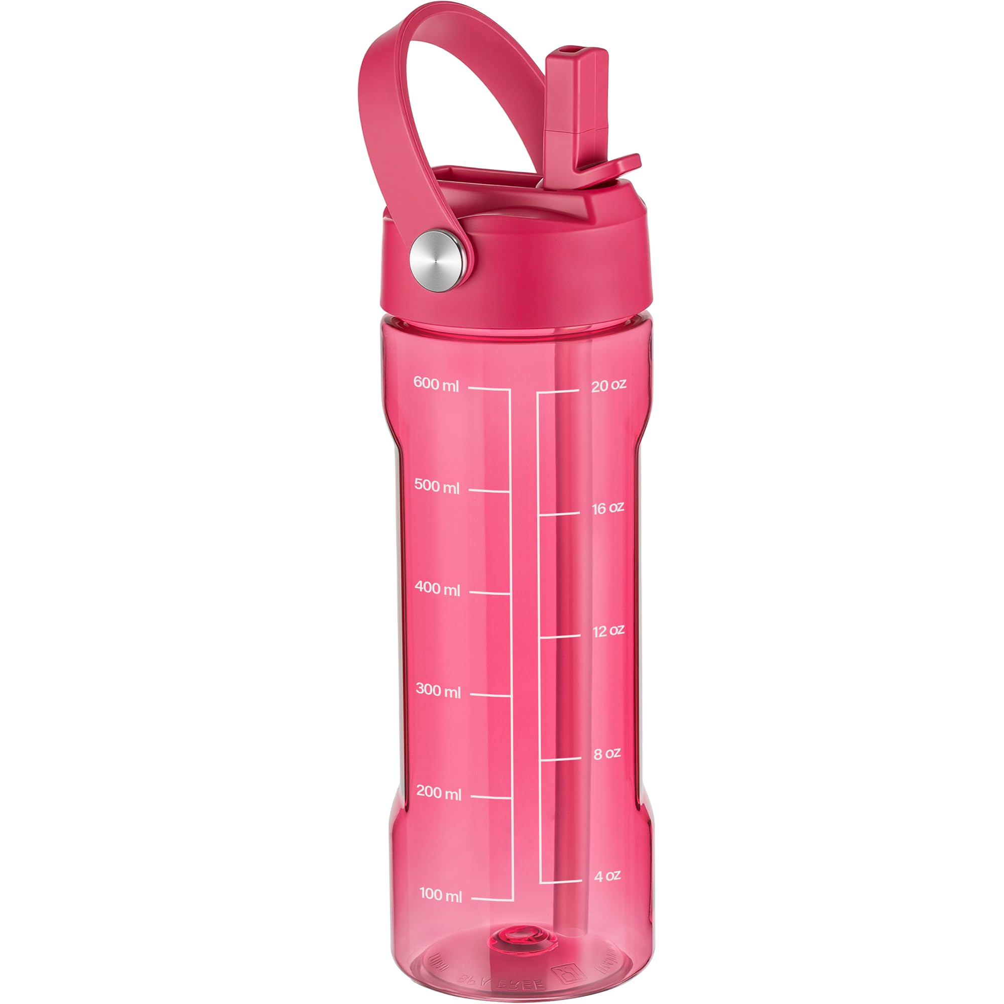 GOPPUS 600ml/20oz Clear Water Bottle with Straw, Tritan Leakproof Sports Drinking Bottle, BPA Free Wide Mouth Gym Bottle with Handle and Measurement Marks for School, Gym, Travel (Rose Pink)