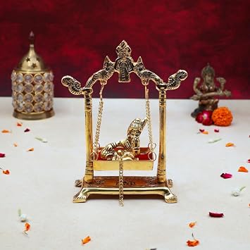 Metal Nand Gopal Jhula | Laddu Gopal on jhula | Thakur ji | Palana showpiece for Krishna puja & Home decor Size 17.5cm | Weight 201gm Approxe