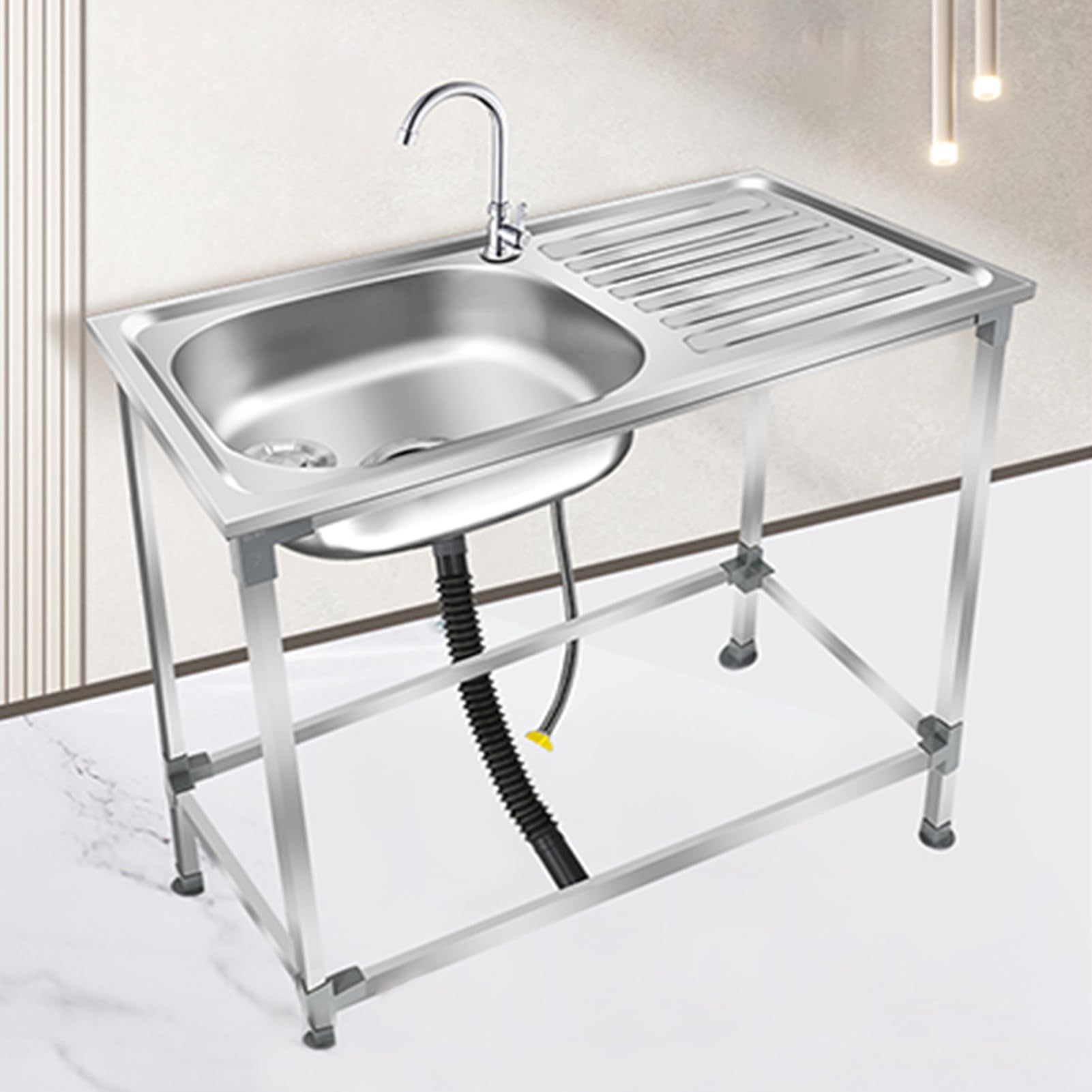 ZQFHSX Commercial Stainless Steel Outdoor Freestanding Sink with 360° Rotating Faucet Single Bowl Utility Prep Station Ideal for Restaurants and Catering (75x40x75CM)