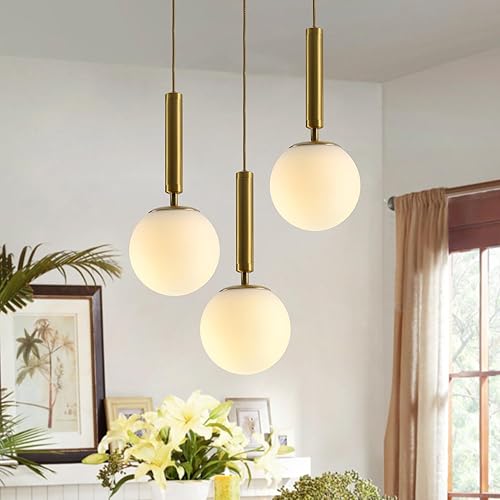 Miniatura 9 de BOKT Moderna lámpara colgante de 3 luces en racimo de cocina, isla de mediados de siglo, ajustable, globo dorado cepillado, lámpara colgante,