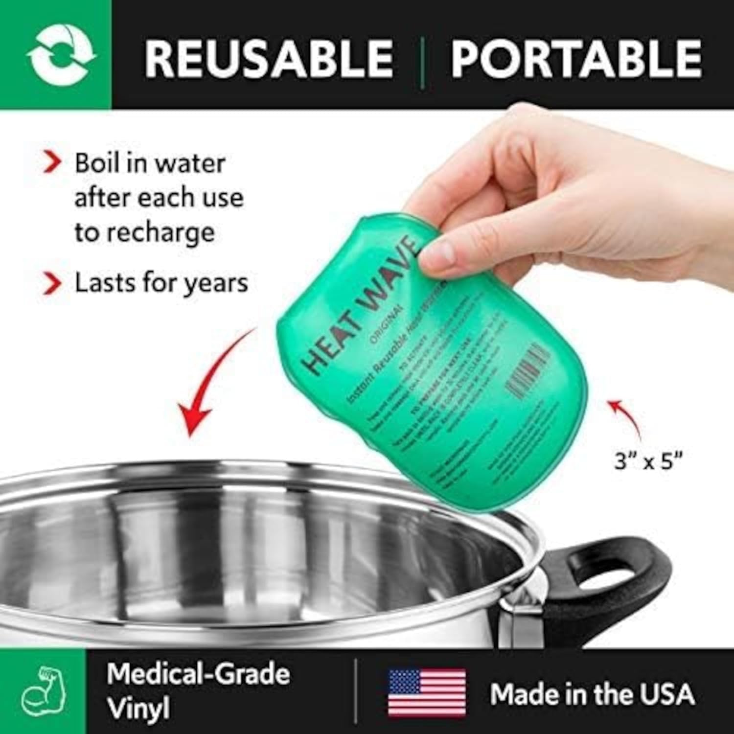 Made in USA: Heat Wave Instant Reusable Heat Packs, Instant Reusable Hand Warmers 2-Pack, for Camping, Hiking, and Pain Relief (3” x 5”), Click Heat