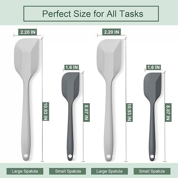 Silicone Spatula Set, Premium Spatulas Silicone Heat Resistant 2 Small & 2 Large Flexible Scraper for Nonstick Cookware, Rubber Spatula for Kitchen Mixing Baking Cooking Use, Soft Spatula - Gray