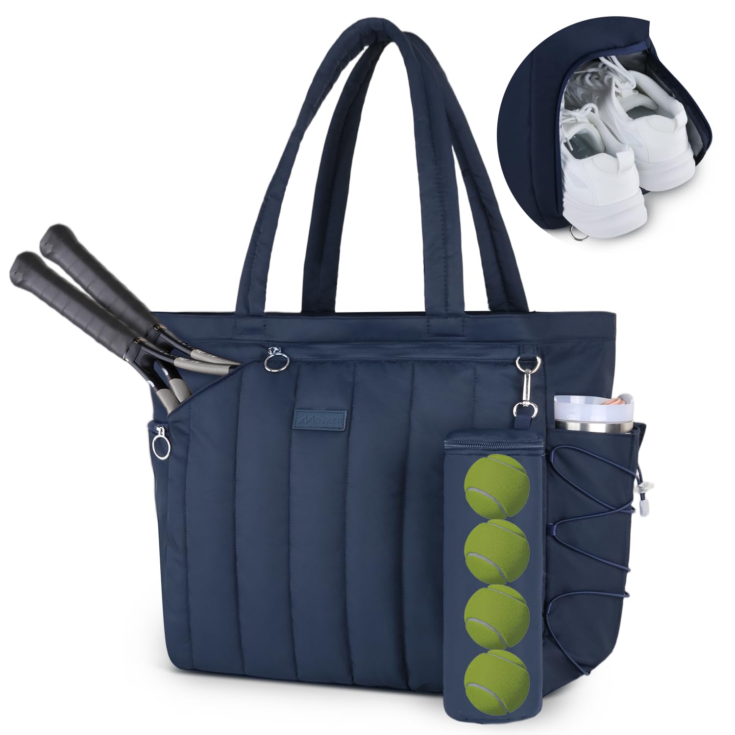 Movker Quilted Tennis Tote Bag for Women Gym Duffle Bag with Shoe Compartment & Wet Pocket Fits 2-4 Rackets and 15.6" Laptop Overnight Weekend Sports Bag with Fence Hook(Large size)