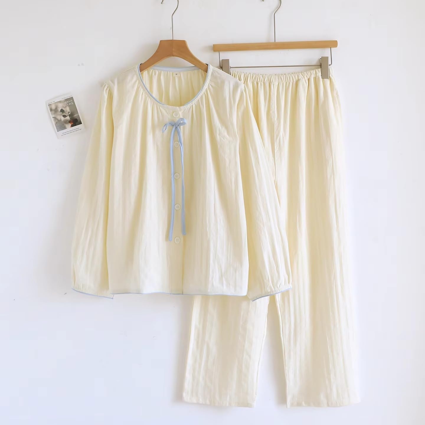 Conjunto de pijama de algodón de color liso para mujer, manga larga, pantalones largos, primavera y otoño