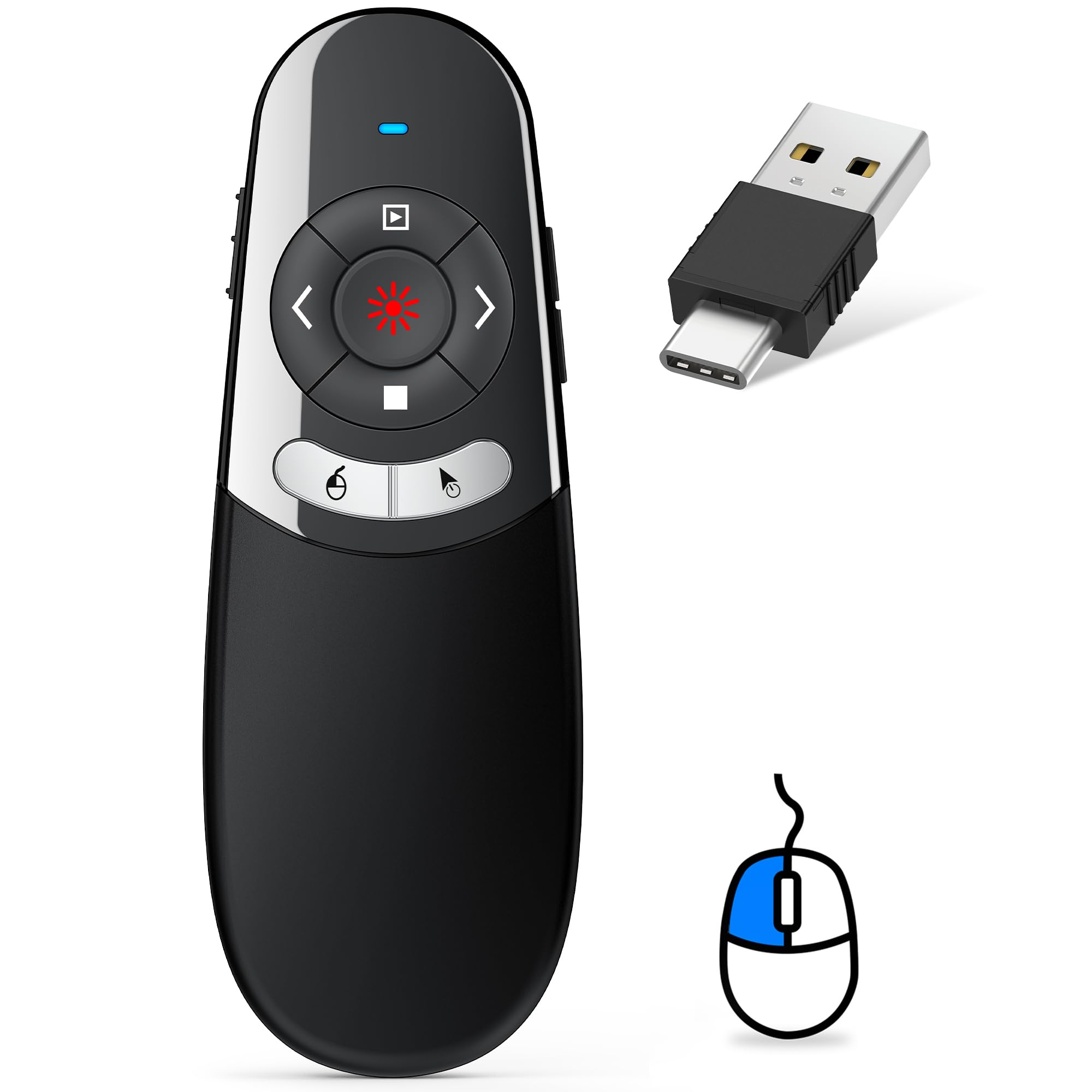 USB C Presenter, Air Maus 2 IN 1 Kabellose 2.4 GHz Powerpoint Fernbedienung, Präsentationsfernbedienung für Windows 7/8/10/Mac/Linux/Android/PowerPoint