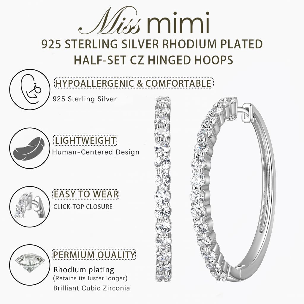 Miss mimi CZ Hoop Earrings for Women, 925 Sterling Silver Rhodium Plated Sparkling Earrings, Hypoallergenic Click-Top Hoops, 0.67" & 1" Sizes for Everyday & Parties