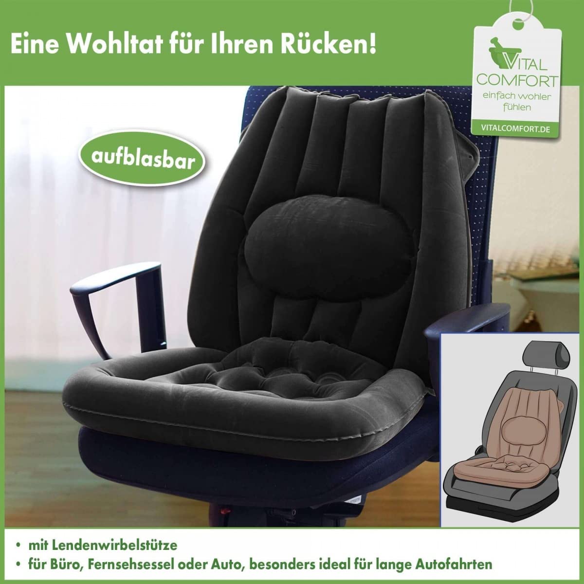 Aufblasbares Sitzkissen mit Ergonomischer Lendenwirbelstütze, Anthrazit – Ideal für Büro, Auto und Zuhause