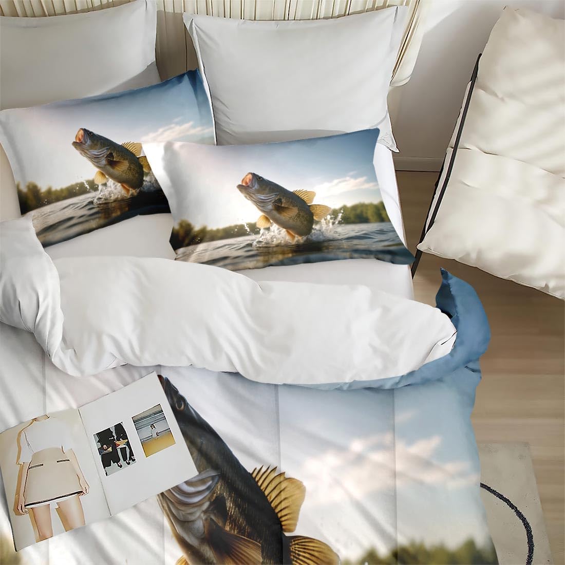 Comforter Set with 2 Pillowcases Full Size, Big Bass Fish Hunting Fishing, Bed Decor Nature Lake Life Pike Fish Scales for Kids and Adults, Soft Cozy Bedroom Bedding Set - Image 5