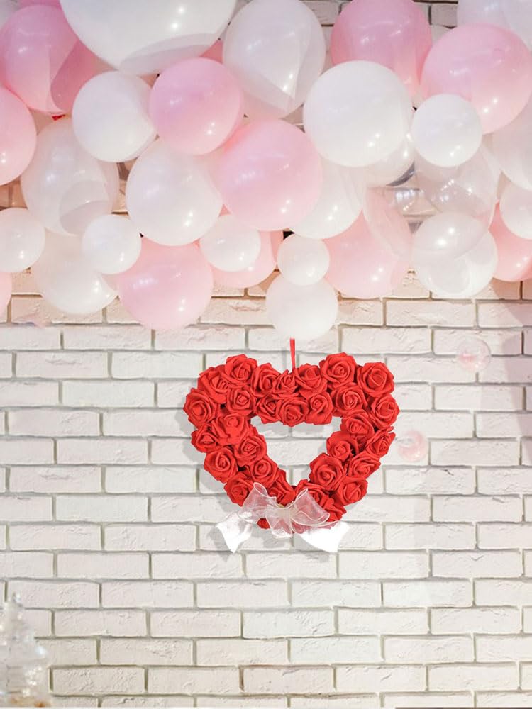 Couronnes murales de Porte Guirlandes de Vacances Fleurs artificielles décoratives 14 Pouces Rose Florale en Forme de cœur, décoration de Signe de Saint-Valentin pour la décoration