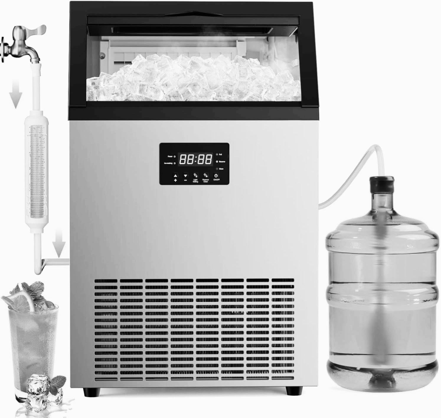 Commercial Ice Machine 200 LBS/24H with 50 LBS Storage Bin, Ice Cubes Ready in 5-15 min, Stainless Steel Industrial Ice Maker, Self-Cleaning, Timing Function, Adjustable Ice Thicknesses