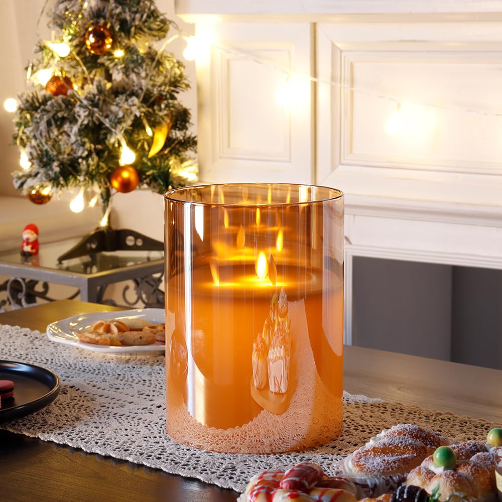 JHY DESIGN Velas de cera real con 3 mechas, velas LED sin llama a batería con temporizador de 6 horas y efecto 3D, para fiesta, salón, boda (Grande, oro)