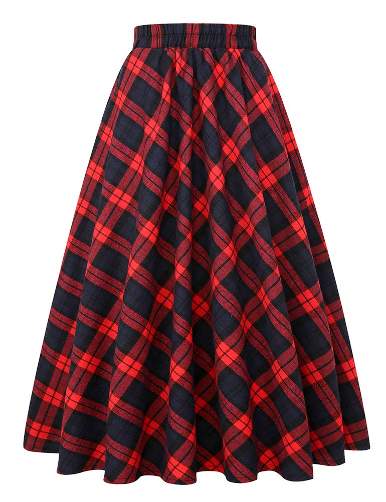 IDEALSANXUNWomen’s Plaid Skirt Elastic Waist A-line Midi Pleated Skirts