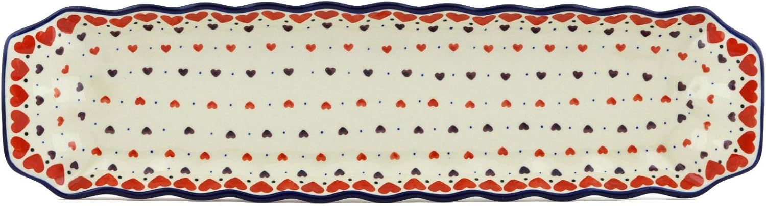 Polmedia Polish Pottery Platter with Handles 20-inch - Red Hearts Delight Pattern Handmade in Boleslawiec Poland by Ceramika Artystyczna + Certificate of Authenticity