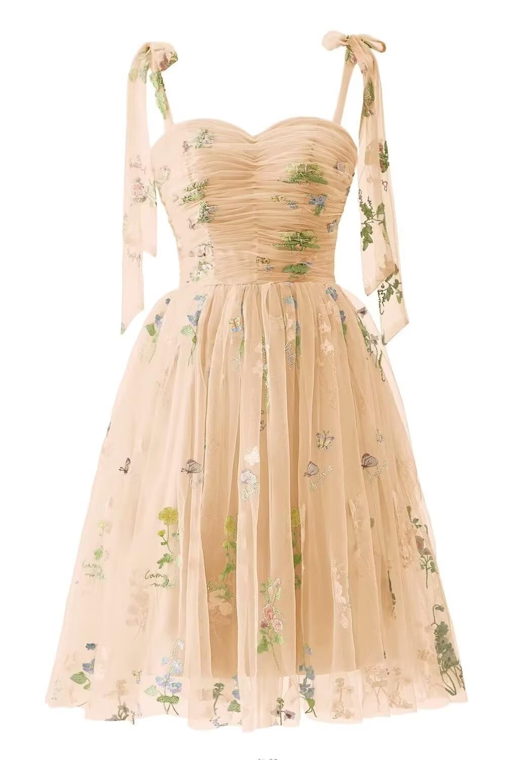 WPPUPP Women's Floral Embroidery Prom Dress Spaghetti Straps Pleated Tulle Ball Gown Long Drawstring Formal Evening Gown