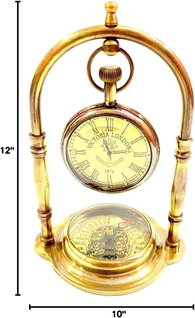 Victoria London Vintage Style Brass Pocket Watch with Compass Stand, Decorative Clock Display, 1876 Replica