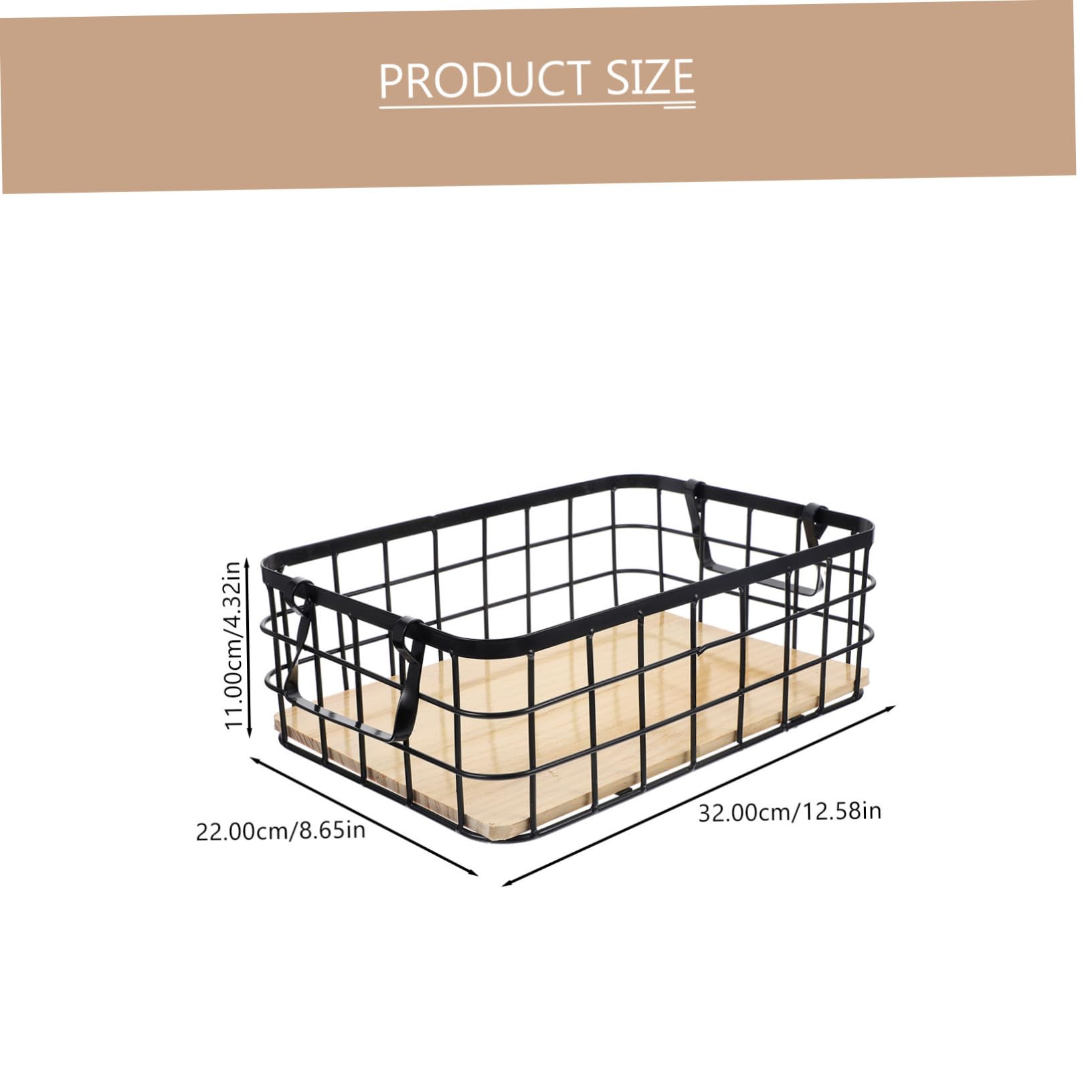 ULTECHNOVO Cesta de Almacenamiento de Alambre Negra Asa y Base de Madera | Rectangular y Robusta, para Frutas y Utensilios del Hogar, Uso en Mesa o Exterior