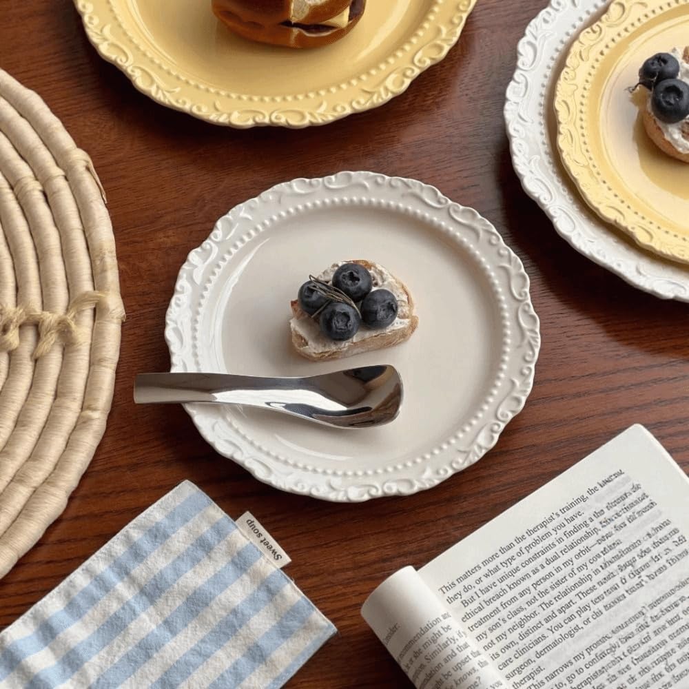Plato llano de cerámica, estilo vintage, redondo de encaje en relieve, elegante diseño de 8 pulgadas para uso doméstico o restaurante