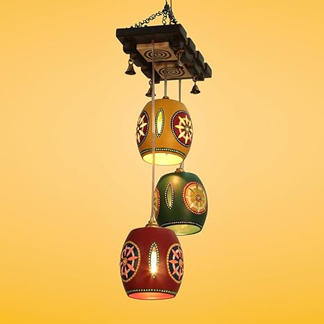 ExclusiveLane Wood Barrel Chandelier with Metal Hanging Shades for Living Room (Multicolour)