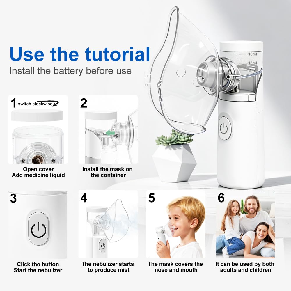 Nebulizador portátil silencioso y recargable, con nebulización eficiente, incluye 2 mascarillas y 1 boquilla, adecuado para adultos y niños, ideal para uso doméstico y viajes (Blanco)