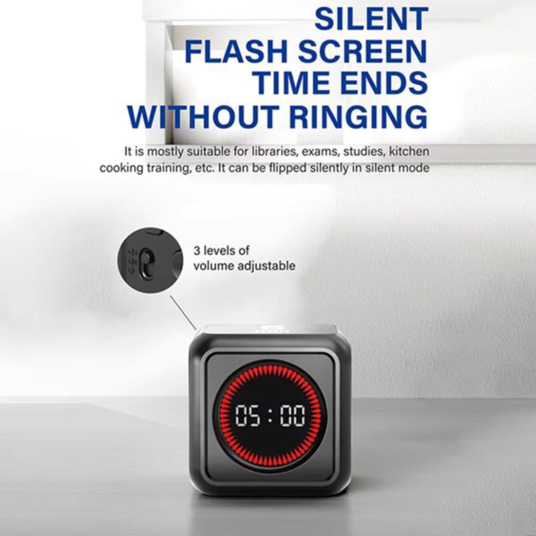 Visual Countdown Timer with 3-Stage Volume Control Silent Flashing Alert Built-in 800mAh Battery