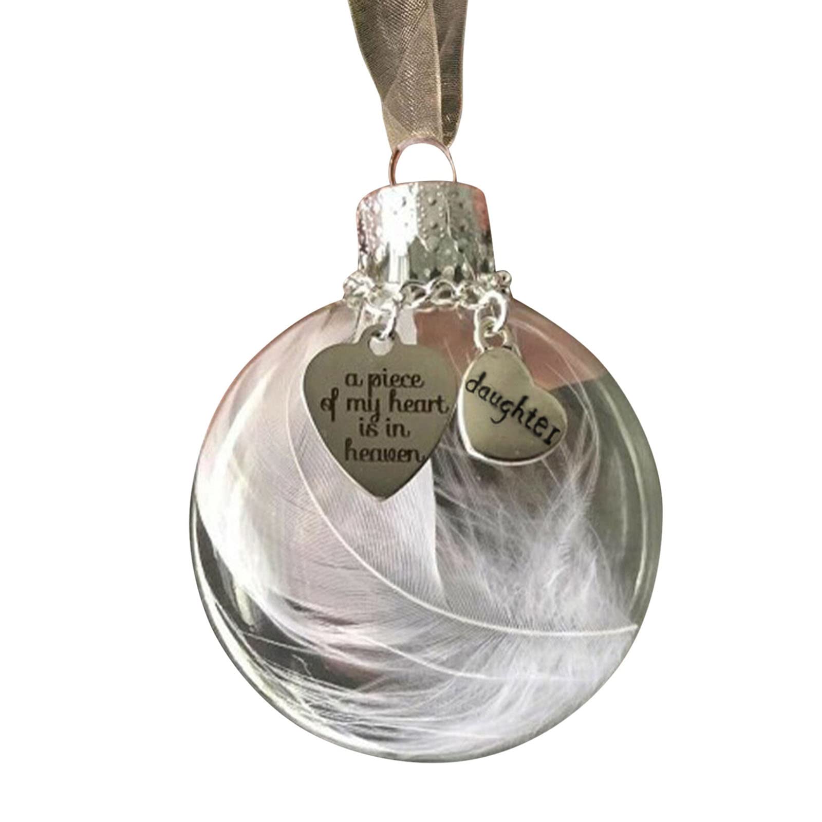 Clear Memorial Ornament Feather Heart Ball, A Piece of My Heart is in Heaven, Christmas Tree Memorial Hanging Pendant Gift for Mom, Dad, Son, Daughter,Sister, Brother, Grandma, Grandpa (daughter)